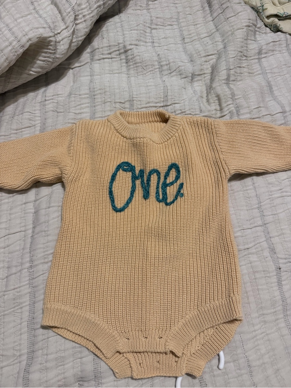 Cream Knit One-Piece Bodysuit with Teal "One" Accent